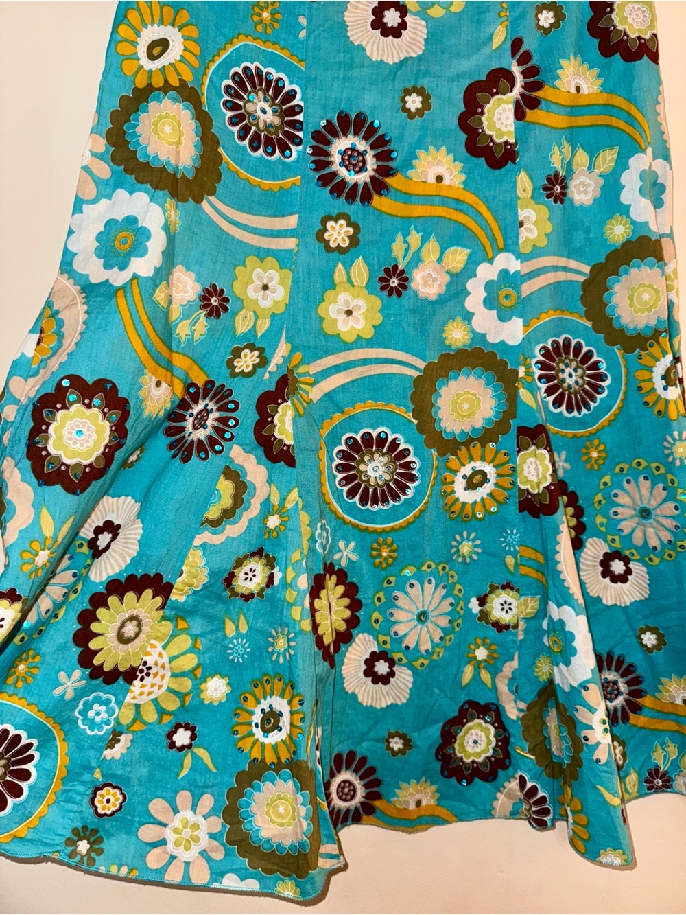 VTG Y2K Plum Clothing Coupe Floral Midi Skirt Turquoise Green Cream Boho Medium - Picture 7 of 10